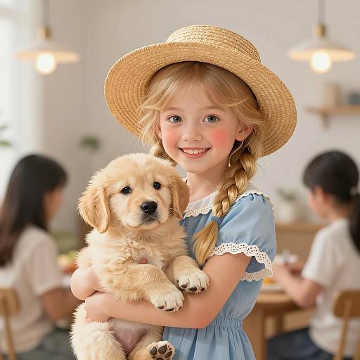 Smiling Girl Holding Golden Retriever Puppy