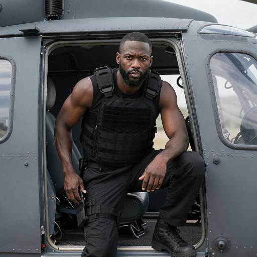 Black Tactical Operator Kneeling in Helicopter