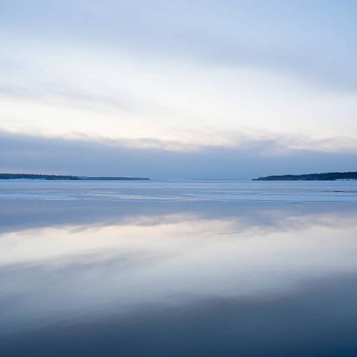 Photograph of a calm, expansive lake at dawn. The water reflects a soft, white mist, with distant, dark tree-covered shores under a pale