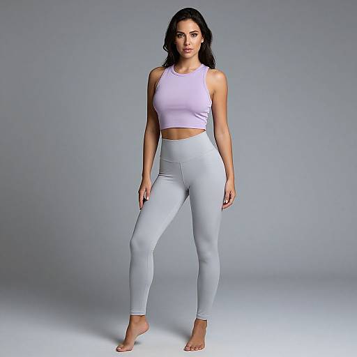 Photograph of a fit woman with dark hair, wearing a light purple crop top and light blue high-waist leggings, standing barefoot against a