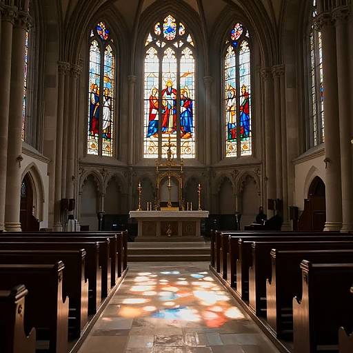 Photograph of a dimly lit, Gothic-style church interior with colorful stained glass windows, dark wooden pews, and a central altar. Sunlight