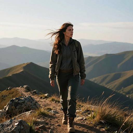 Photograph of a woman with long brown hair, wearing a green jacket and blue jeans, walking on a rocky mountain trail with sunlit, rolling hills