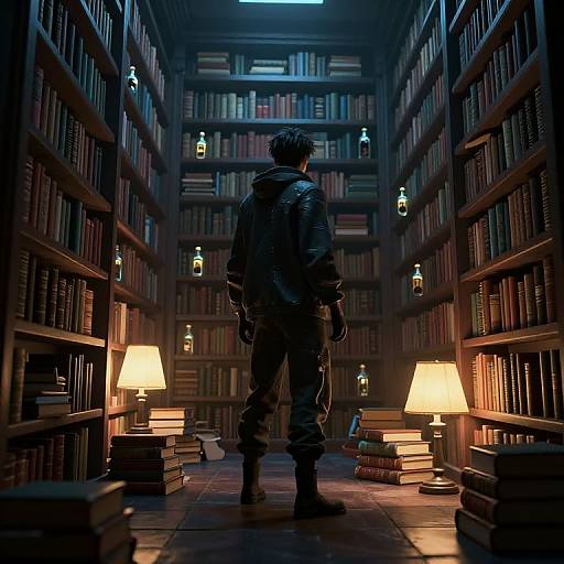 Mysterious silhouette of a person in a leather jacket stands in a dimly lit, expansive library with bookshelves, lit lamps, and stacks of