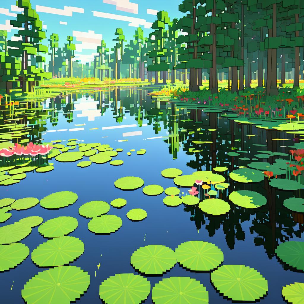 Vibrant Voxel Wetlands with Lily Pads