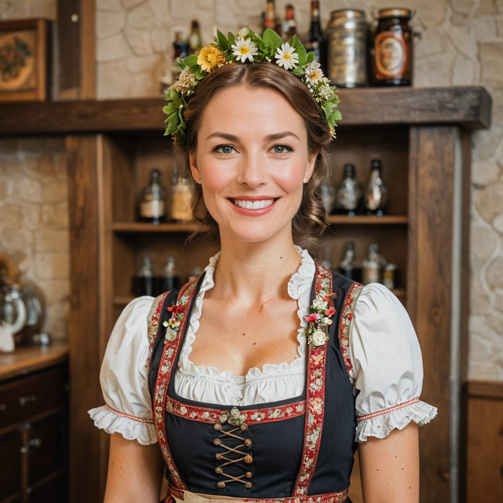 Joyful Bavarian Waitress in Traditional Dress