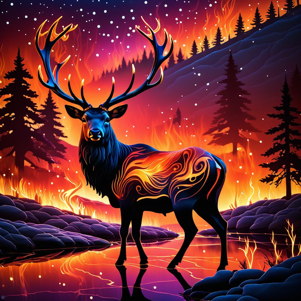 Ember Elk in Dreamlike Fire Landscape