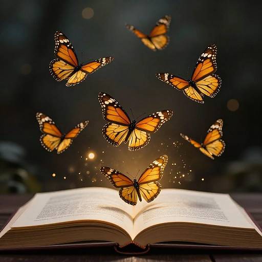 Photograph of an open book with glowing pages, surrounded by floating orange and black monarch butterflies against a dark, blurred background.