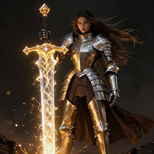 Digital illustration of a fierce, long-haired woman in glowing silver armor, holding a fiery, ornate sword, against a dark, mystical background.