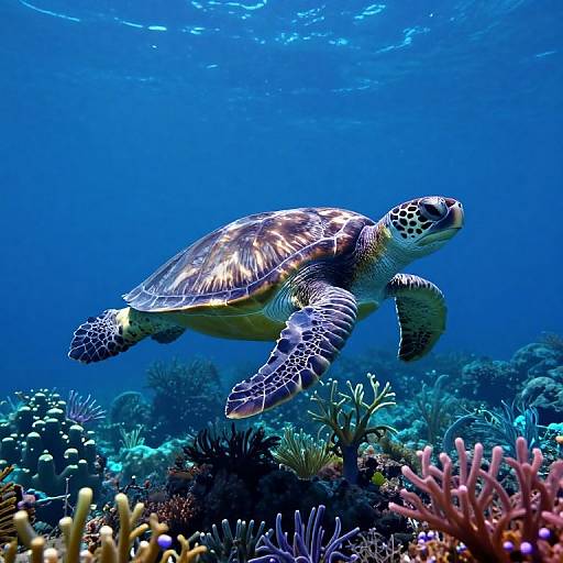 Photograph of a sea turtle gliding gracefully above a colorful coral reef, illuminated by underwater sunlight in a vibrant blue ocean.
