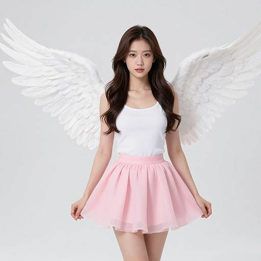 Digital illustration of a young Asian woman with long black hair, wearing a white tank top and pink flared skirt, standing against a white background with large