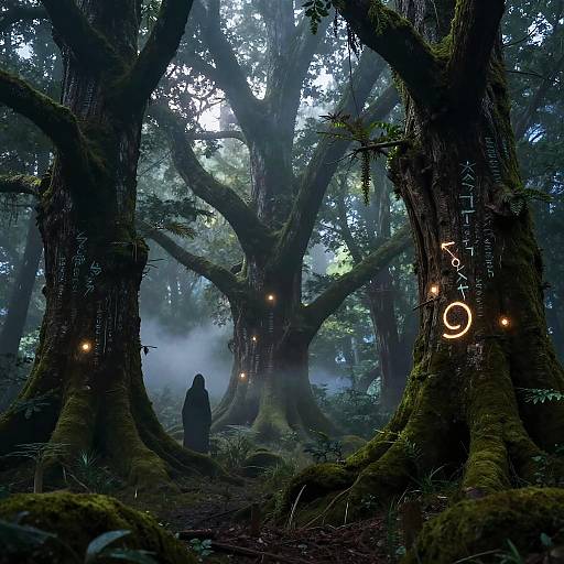 Mysterious forest scene with glowing lights on ancient trees, misty atmosphere, and a hooded figure in the shadows. Digital art.