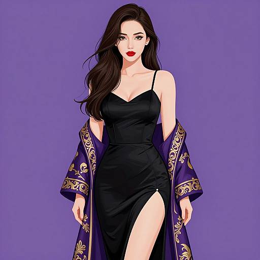 Digital illustration of a fair-skinned woman with long dark hair, wearing a black, form-fitting dress with a thigh-high slit, and a purple