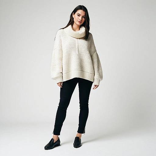 Stylish Woman in Cream Oversized Sweater and Black Skinny Jeans