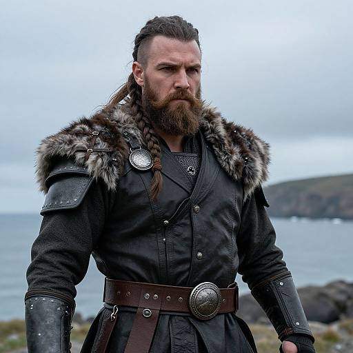 Rugged Bearded Warrior by Overcast Sea