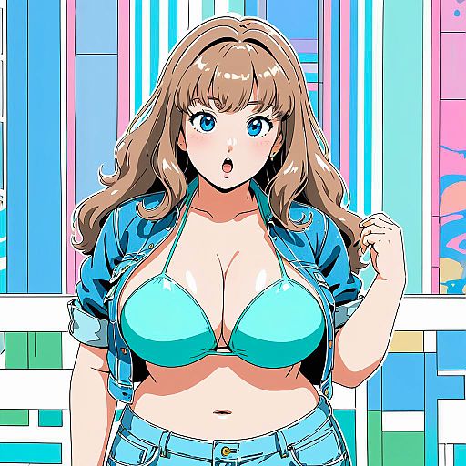 Anime Twin Girls in Blue Bikini with Denim Jackets