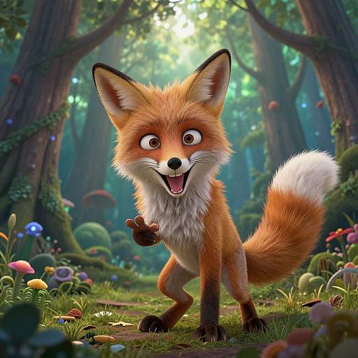 Digital illustration of a cute, cartoon-style, anthropomorphic fox with a red-orange fur, white chest, and fluffy tail, winking and smiling in