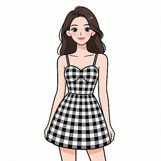 Smiling Woman in Gingham A-Line Dress