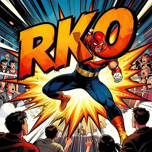 Dynamic comic book illustration of Red Hood leaping forward, surrounded by explosive energy and a bold 