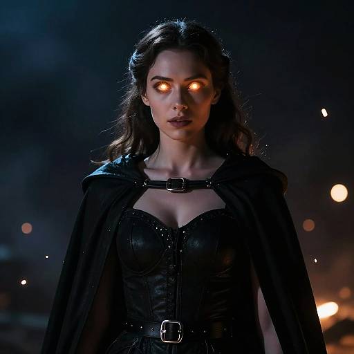 Woman with Glowing Eyes in Black Cape