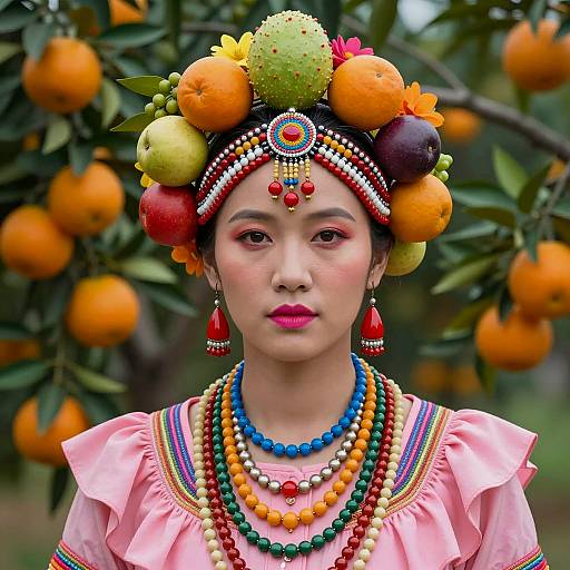 Asian Woman in Colorful Fruit Headdress