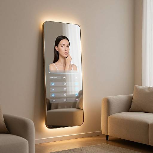 Modern living room with a sleek, illuminated mirror displaying a woman's face and facial recognition options, flanked by beige sofas.