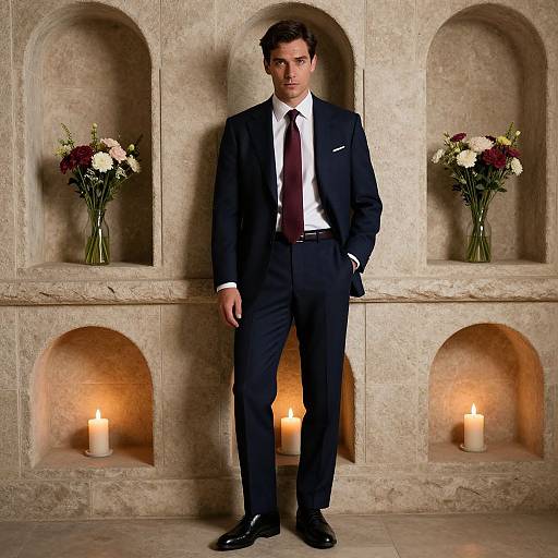 Photograph of a handsome man in a black suit, white shirt, and maroon tie, standing in front of a stone wall with arches,