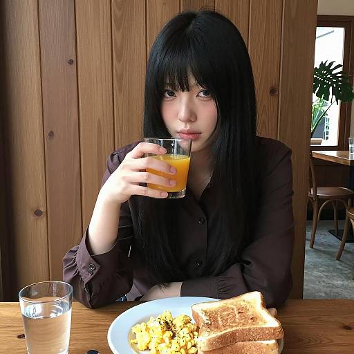 Asian Woman Enjoying Breakfast at Table