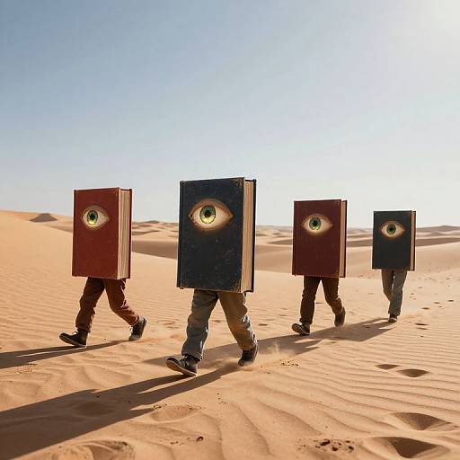 Photograph of five people walking in a desert, each wearing a rectangular box with a single eye in the center. Clear blue sky, sunlit sandy