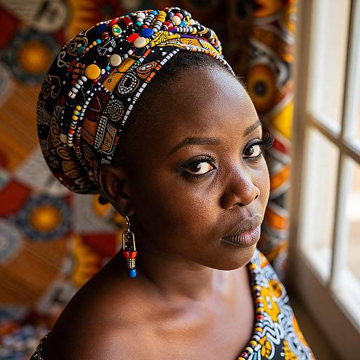 Photograph of a dark-skinned African woman with intricate beaded headwrap, colorful patterned dress, and matching earrings, standing near a window.