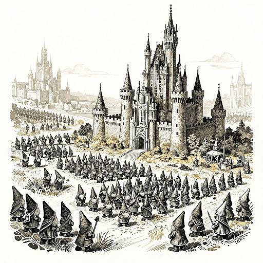 Detailed black-and-white sketch of a grand, towering castle with multiple spires, surrounded by numerous small, conical-roofed huts in the