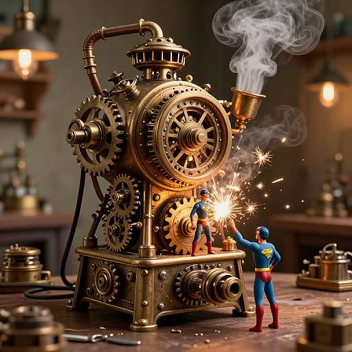 Photorealistic CGI: Superhero in blue, red, and yellow suit sparks steam-powered, brass gear machine with smoke, in dimly lit workshop