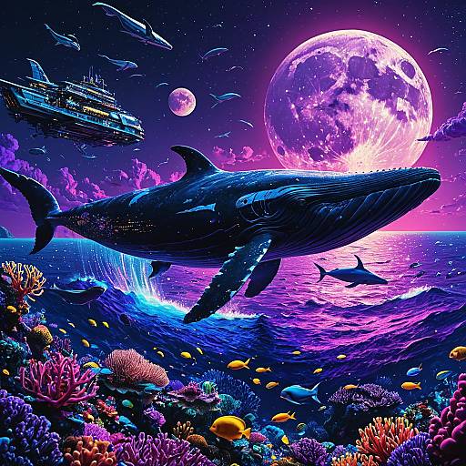 Cybernetic Moon Whale Above Neon Coral Reefs