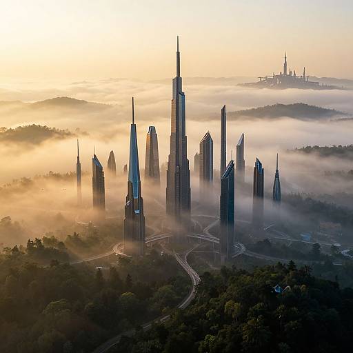 Photograph of a misty sunrise over a cityscape with tall, modern skyscrapers rising through a foggy valley, surrounded by trees and winding