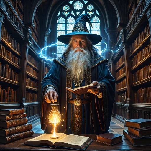 Elderly Wizard Casting Spell in Ancient Library