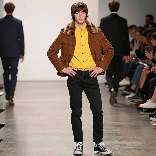Young Male Model in Brown Fur Collar Jacket on Runway