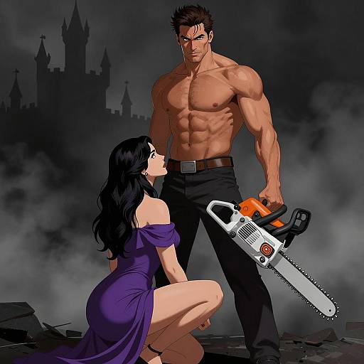 Dramatic Heroic Duo in Intense Setting