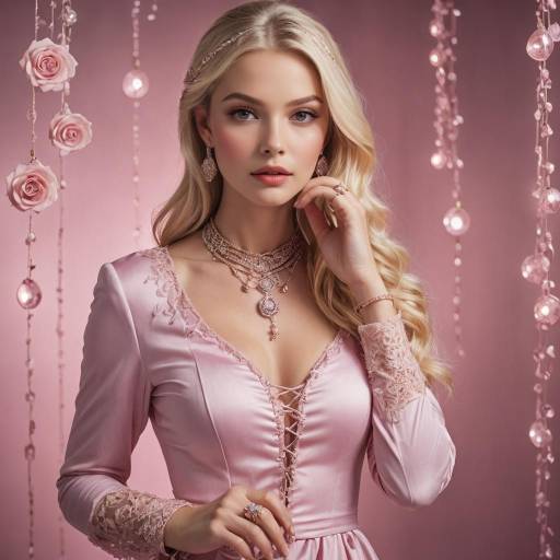 Elegant woman in pink satin dress with jewelry