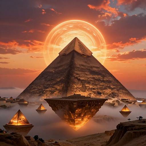 Photograph-like CGI of a massive, illuminated pyramid at sunset, with smaller floating pyramids in misty foreground, and a glowing halo in the sky