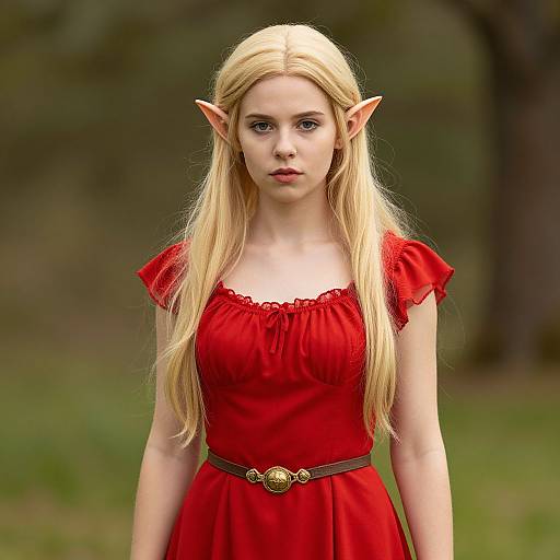 Photograph of a young blonde elf woman with pointed ears, wearing a red dress with puffed sleeves and a brown belt, standing in a blurred forest