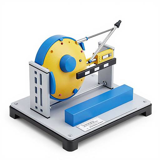 Photograph of a colorful, 3D-rendered milling machine with a yellow and blue circular spindle, white frame, and blue worktable.