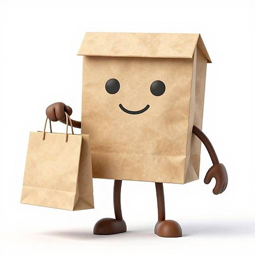 Cartoon Paper Bag Character Holding Shopping Bag