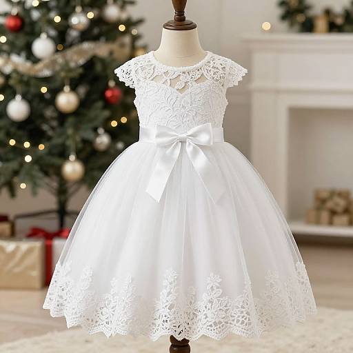 Photograph of a white lace and satin children's dress on a mannequin, displayed in a festive living room with a decorated Christmas tree and fireplace