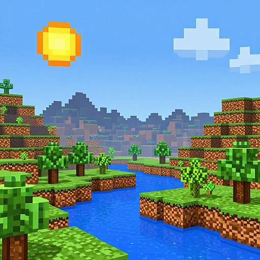 Pixel art landscape of a bright, sunlit, blue river flowing through grassy, tree-filled terrain with pixelated mountains and sky in the background.