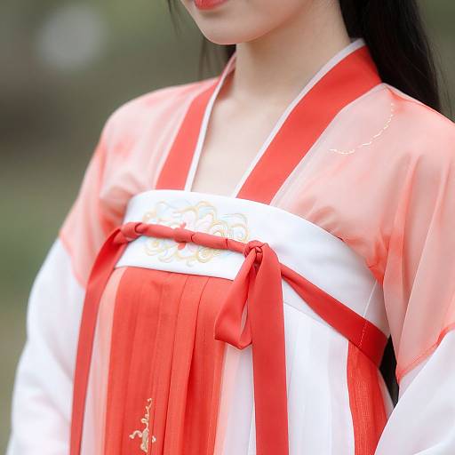 Photograph of an Asian woman in a traditional red and white kimono, with long black hair, blurred green background, and a white obi belt