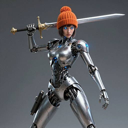 CGI image of a futuristic female robot with blue eyes, orange knit beanie, holding a sword over her shoulder, standing in a gray gradient background