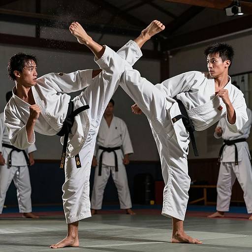 Photograph of two male karate practitioners in white uniforms and black belts performing a high kick and punch in a dimly lit dojo.