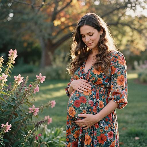 Pregnant Woman in Floral Dress Outdoors