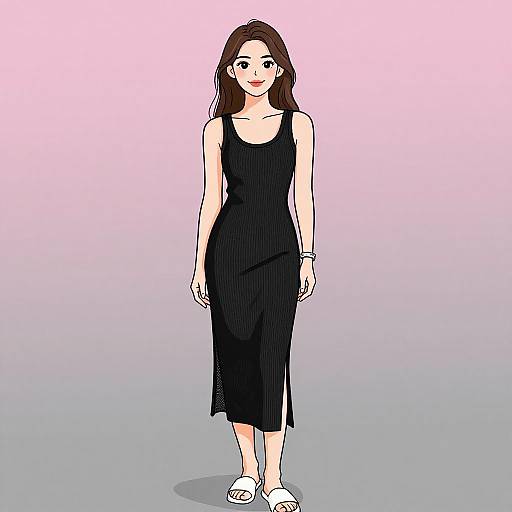 Digital drawing of a fair-skinned woman with long brown hair, wearing a black sleeveless dress and white sandals, standing against a pink to gray gradient
