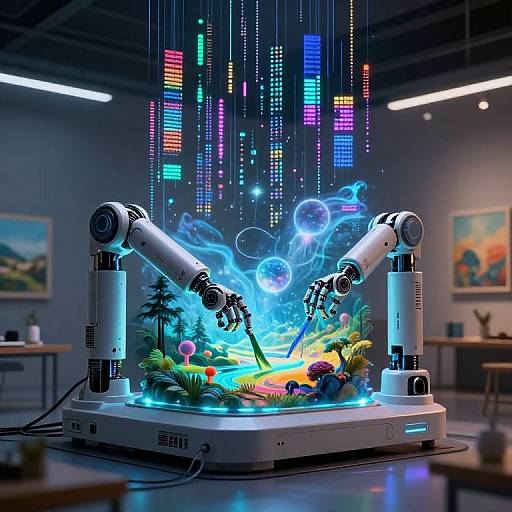 Digital artwork: Two robotic arms with glowing blue lights surround a futuristic, neon-lit, sci-fi landscape with trees and colorful orbs, set in a