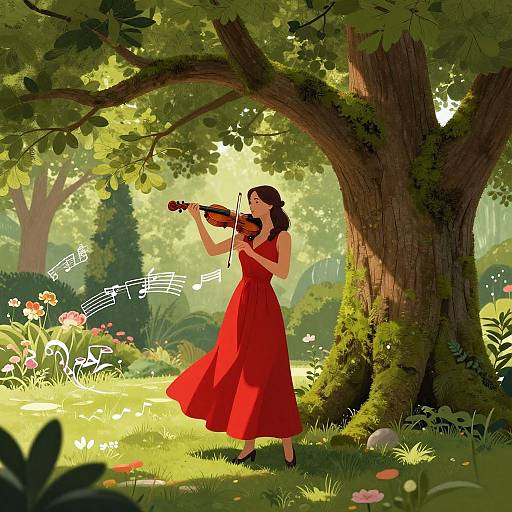 Digital illustration of a woman in a red dress playing violin under a mossy tree in a sunlit, vibrant forest clearing. Musical notes float around.